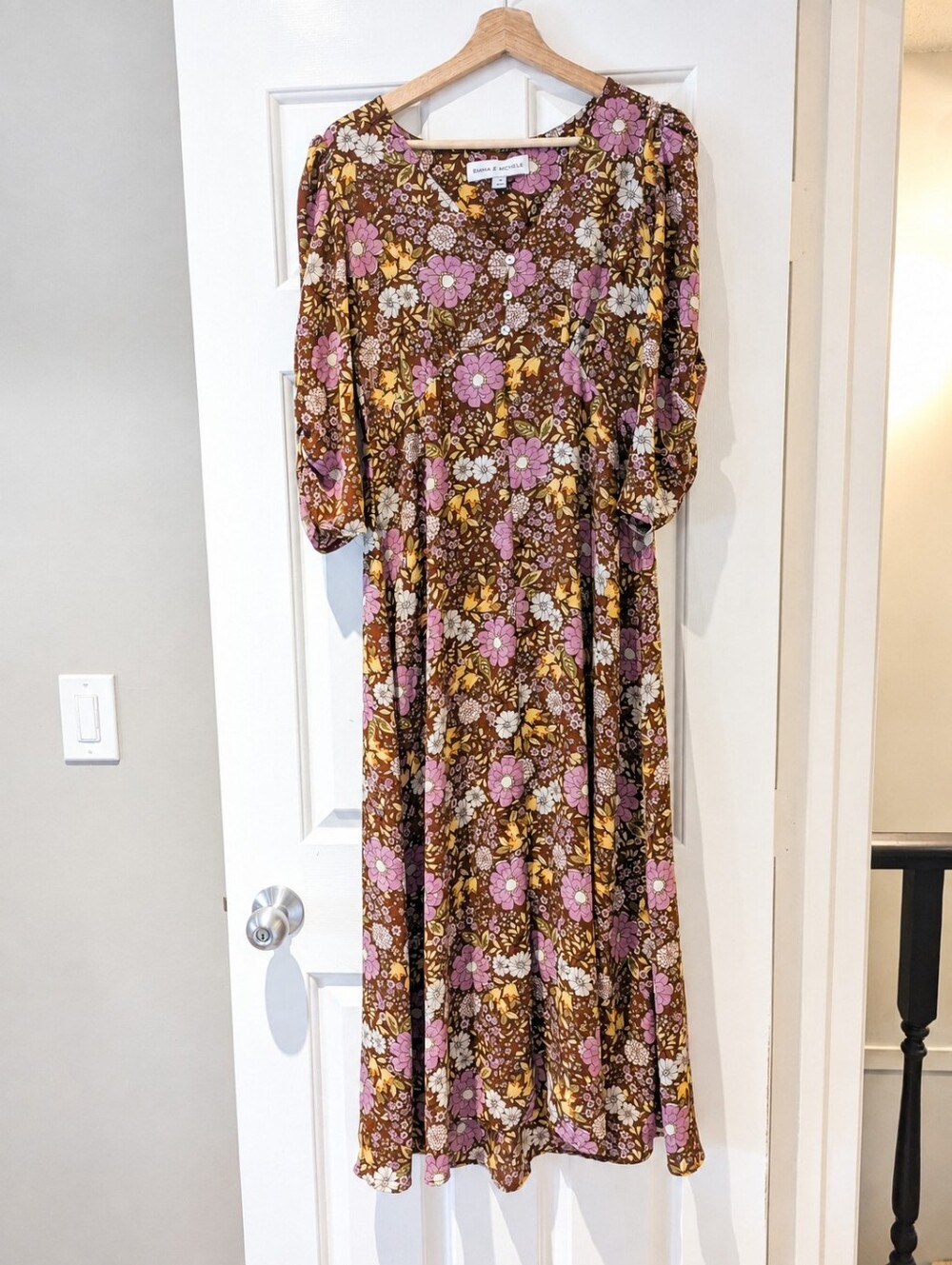 Cottagecore Retro Floral Maxi Dress Brown Boho Chic M Prairie Fairycore 70s